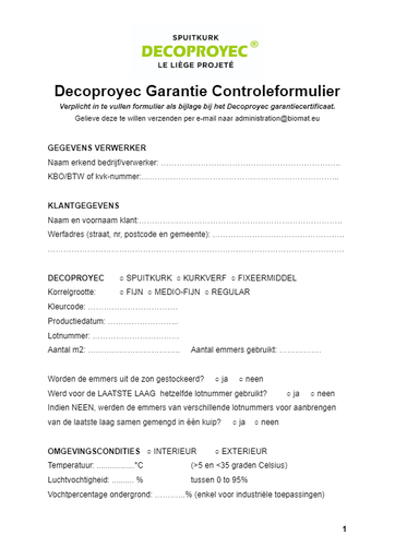 Decoproyec Garantie Controleformulier